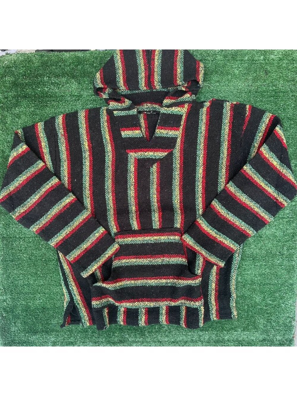 Vintage 90s Rasta Striped Knit Baja Hoodie Drug Rug Black L Skater Hippie Stoner